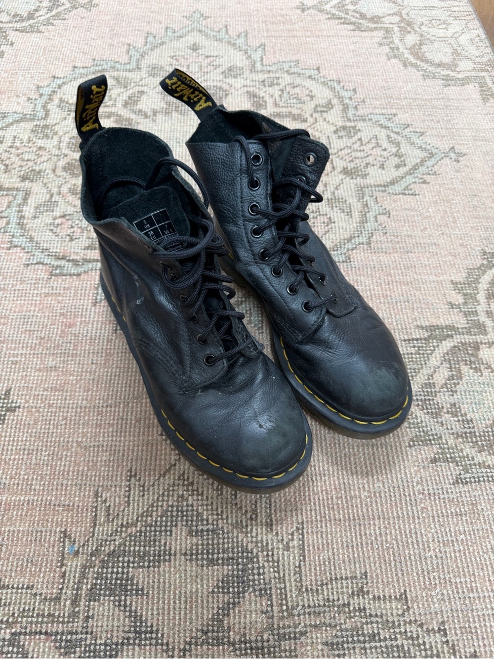 Dr. Martens Black Leather 8-Eye Lace-Up Boots with Yellow Stitching Size 5